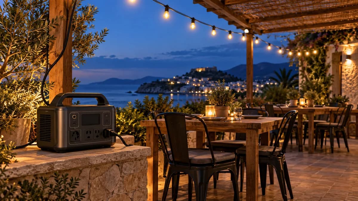 Generador para una terraza de restaurante: luces LED y calefactores