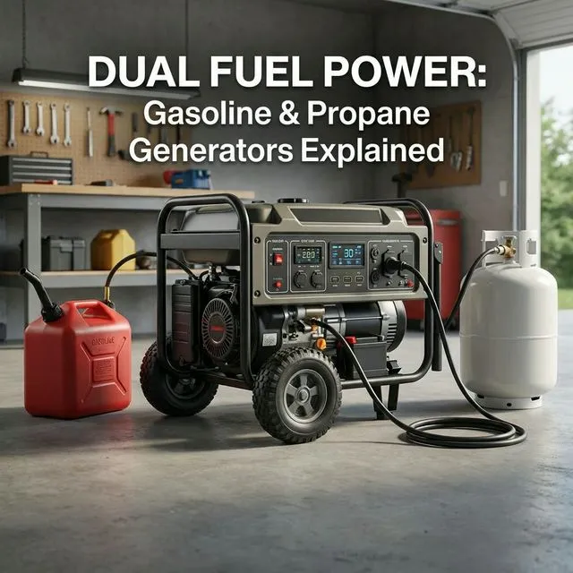 Generador dual fuel gasolina y propano junto a bombonas de gas