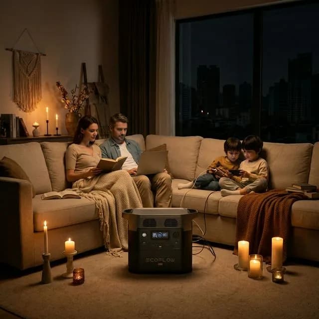 Generador eléctrico encendido durante un apagón en una casa con velas