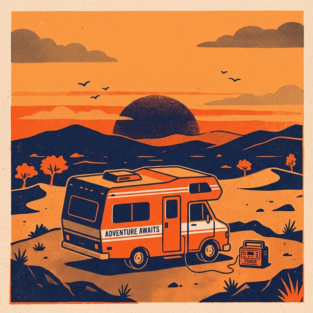 Furgoneta camper aparcada al atardecer utilizando estación de energía silenciosa