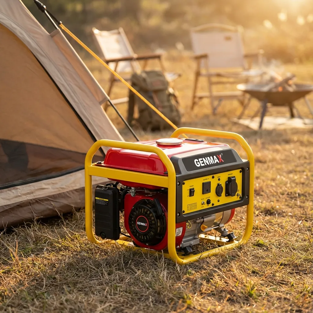 Generador eléctrico pequeño y portátil gasolina en camping
